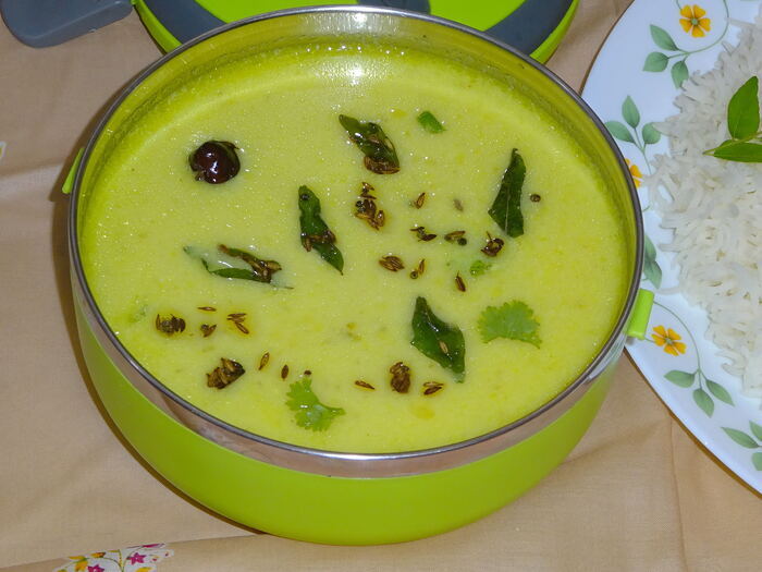 Gujarati kadhi, a silky yogurt curry tempered with curry leaves